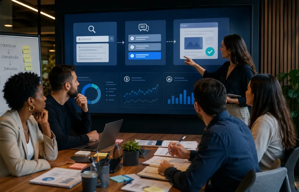 Equipe de marketing analisa anúncios conversacionais, Google Ads e métricas de conversão durante reunião estratégica