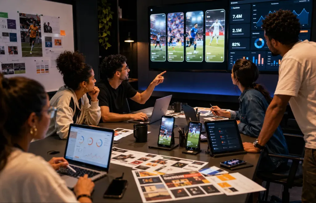Equipe de marketing acompanha vídeos verticais, calendário editorial e métricas durante um grande evento esportivo
