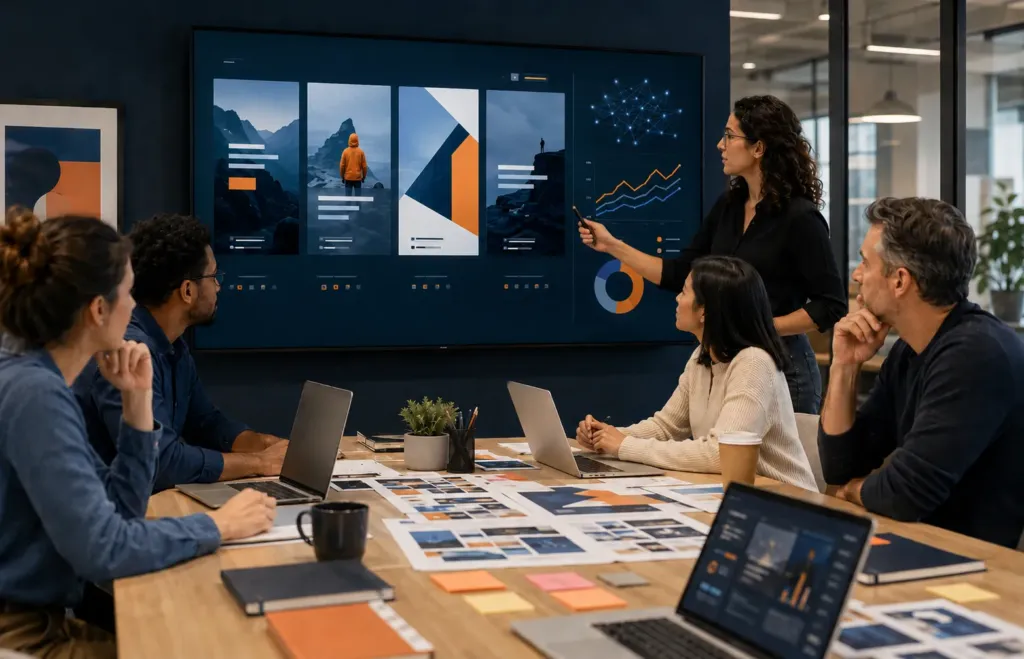 Equipe de marketing analisa variações de anúncios criadas com apoio de inteligência artificial