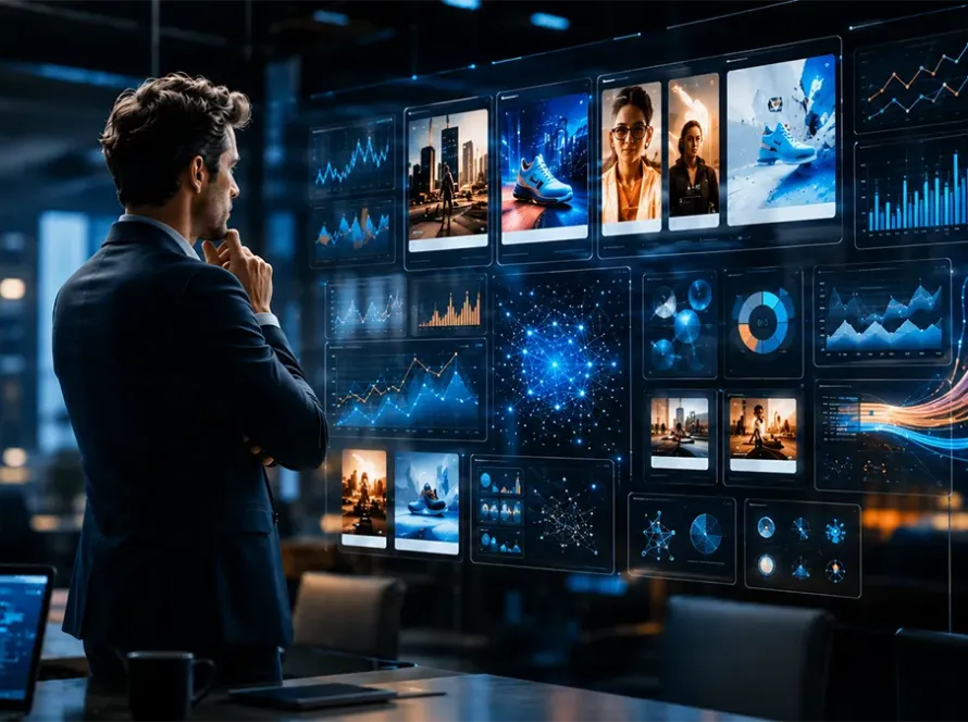 Profissional analisa campanhas publicitárias aceleradas por inteligência artificial em telas digitais