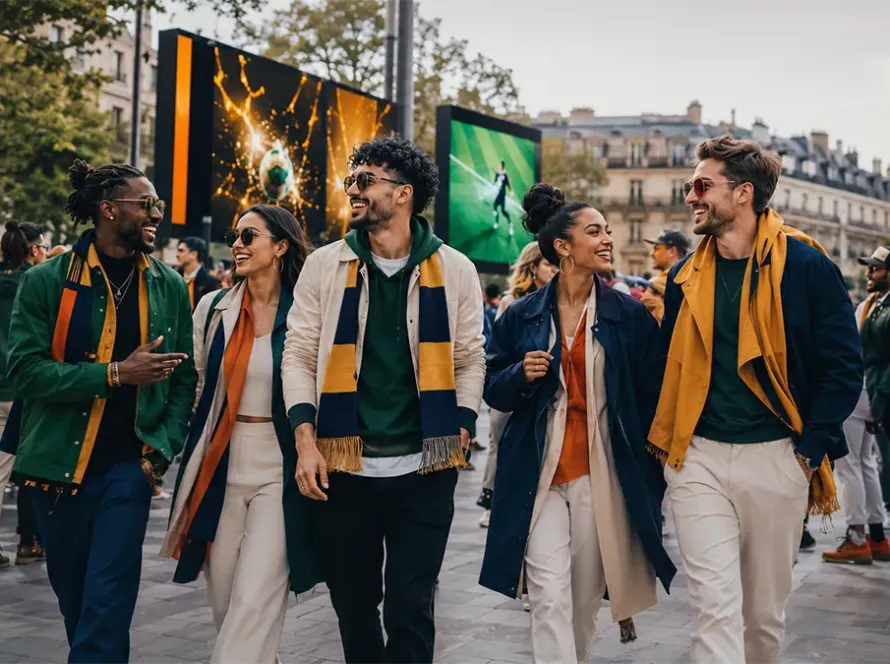 Torcedores em ambiente urbano combinam moda inspirada no futebol com conteúdo digital durante um grande evento esportivo