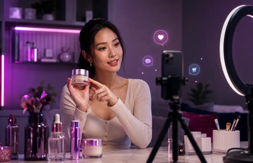 Creator apresenta produtos de beleza durante uma transmissão de live shopping para uma audiência digital