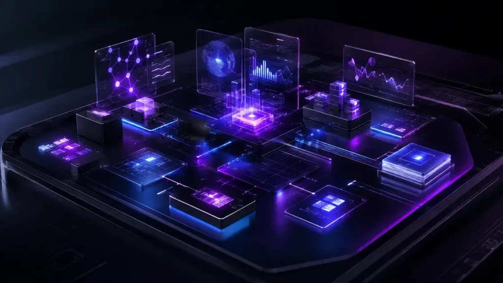 Empresário analisando modelo de negócio digital com blocos estratégicos conectados