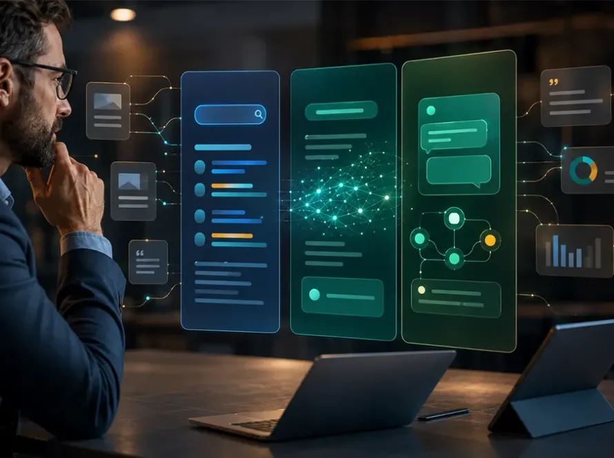 Profissional analisa SERP tradicional, resposta com inteligência artificial e chatbot com fontes diferentes em uma estratégia de busca generativa