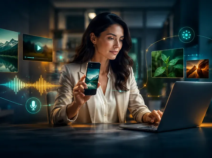 Profissional interage com texto, voz, imagens e vídeos durante uma jornada de busca multimodal com inteligência artificial
