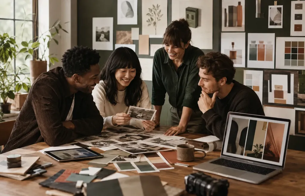 Equipe criativa organiza fotografias antigas, vídeos verticais e moodboards para atualizar uma campanha de marca