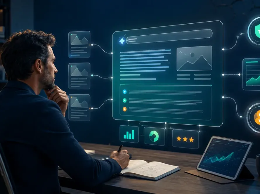 Profissional analisa resposta com inteligência artificial, citações, páginas externas e métricas de visibilidade digital