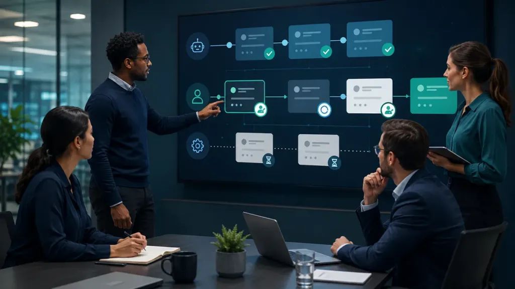 Equipe acompanha fluxo empresarial com tarefas, agentes digitais, checkpoints e indicadores de qualidade