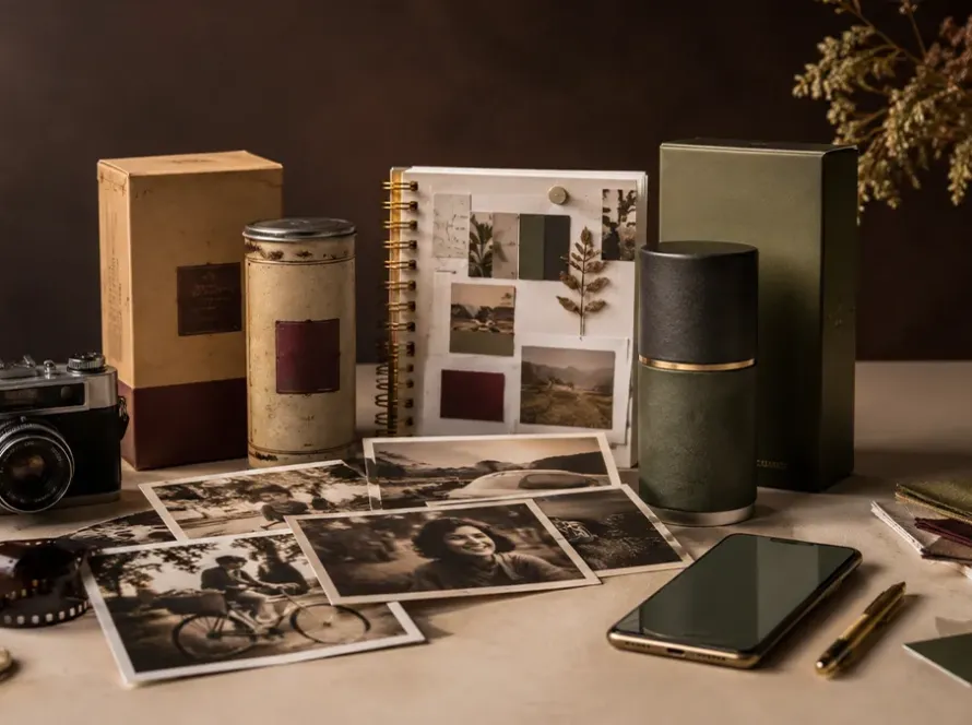 Mesa editorial reúne fotografias antigas, embalagens históricas e versões contemporâneas de produtos para representar marketing de nostalgia