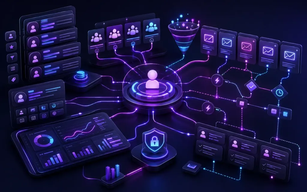 Arquitetura de CRM com segmentação, funil comercial, campanhas e fluxos automatizados