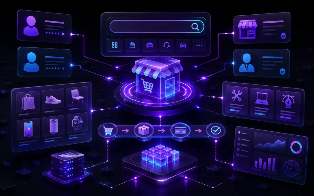 Marketplace digital conectando compradores, vendedores, serviços e oportunidades