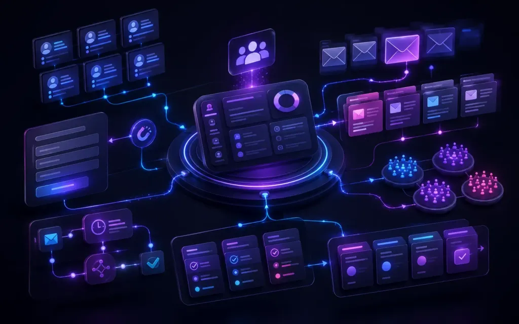 E-mail Marketing, CRM e automações conectando contatos, campanhas e oportunidades