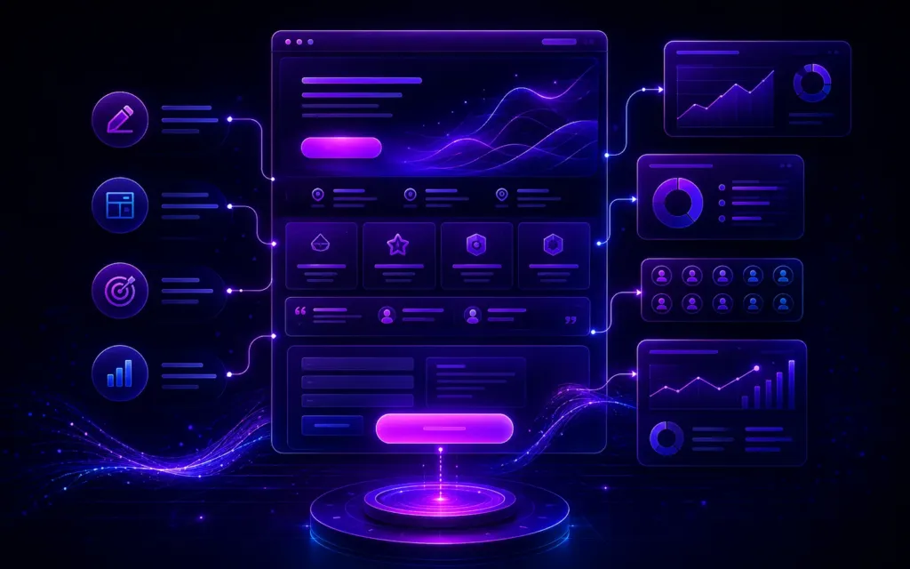 Estrutura de landing page com copy, design, CTA, formulário e mensuração