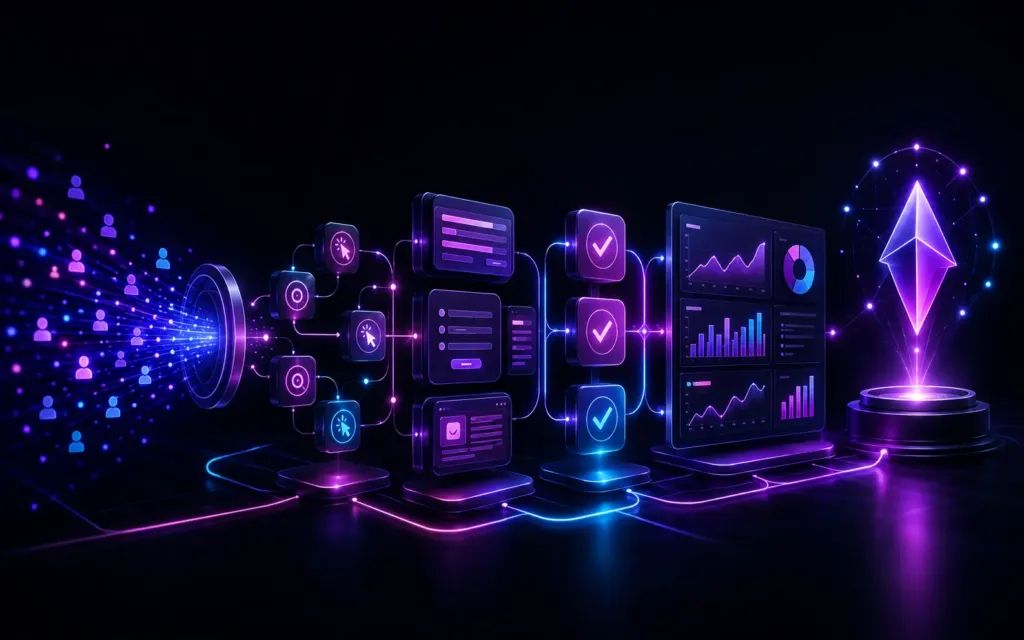 Jornada de mensuração conectando tráfego, eventos, conversões, relatórios e decisões digitais